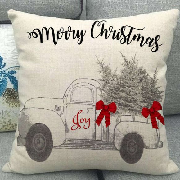 New MERRY CHRISTMAS Vintage Truck Pillow Cover Red - Picture 1 of 5